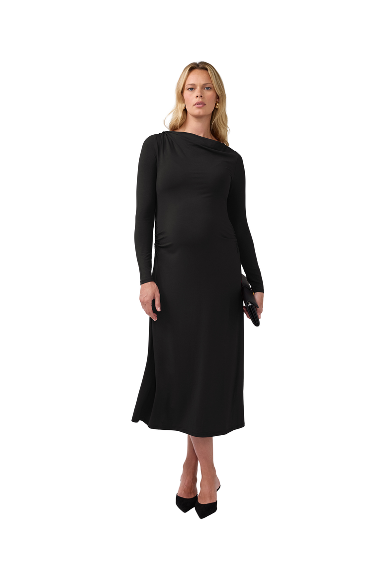 Ruched Long Sleeve Mock Neck Maternity Midi Dress, Main, color, Black