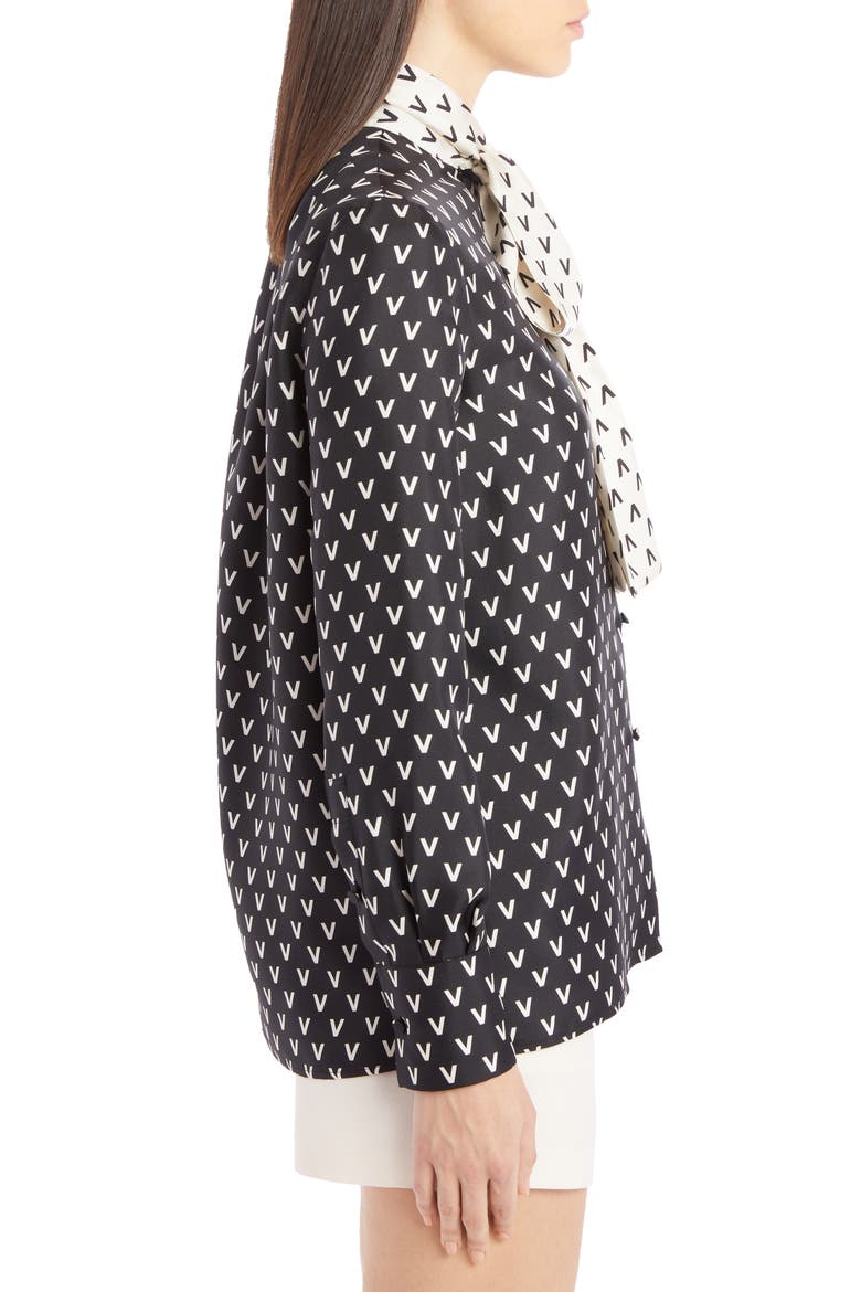 Logo Print Tie Neck Silk Blouse, Alternate, color, NERO/ AVORIO