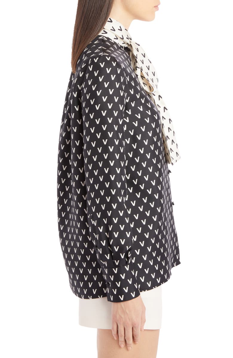 Valentino Logo Print Tie Neck Silk Blouse, Alternate, color, 