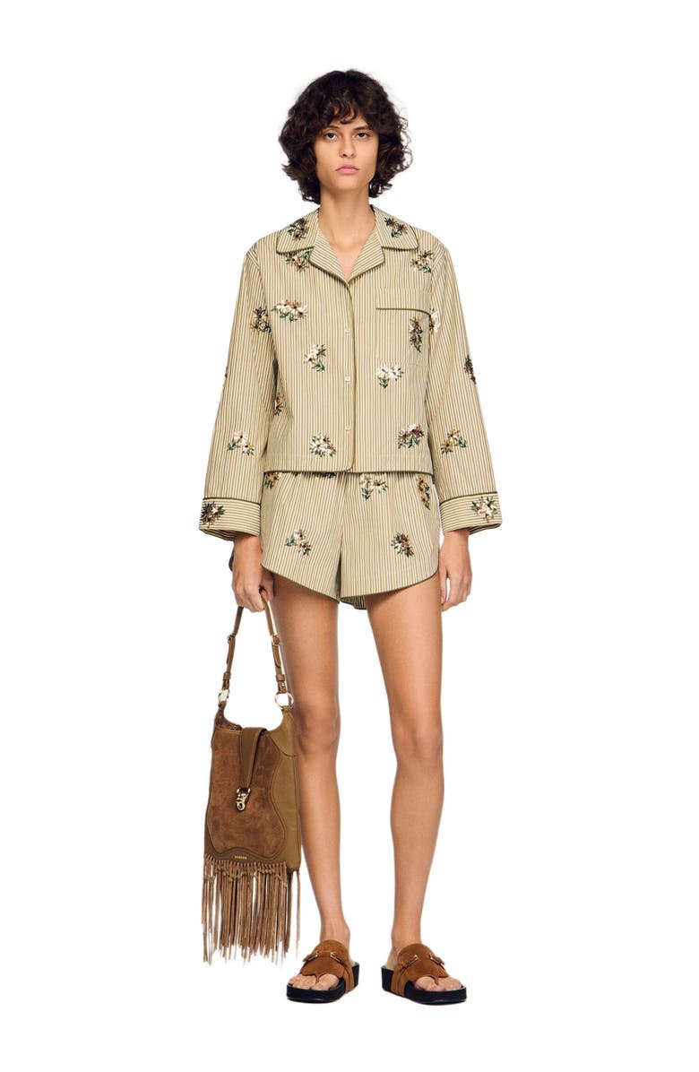 SANDRO Striped shirt, floral embroidery, Alternate, color, Olive Green