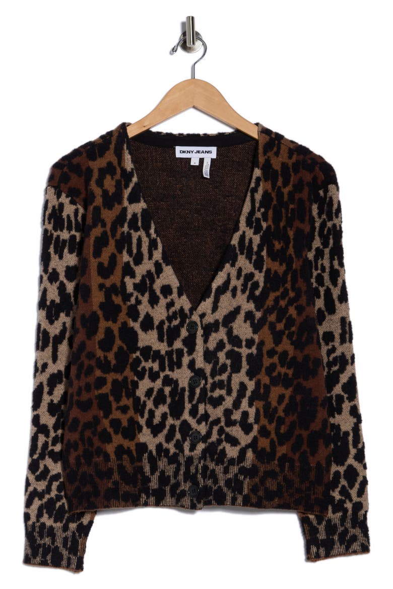 V-Neck Leopard Cardigan, Alternate, color, BURNT SUGAR COMBO