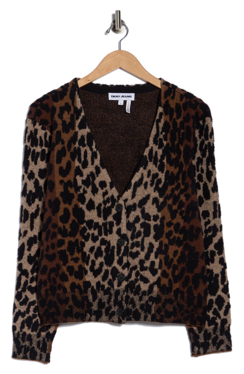 DKNY Jeans V-Neck Leopard Cardigan, Alternate, color, Burnt Sugar Combo