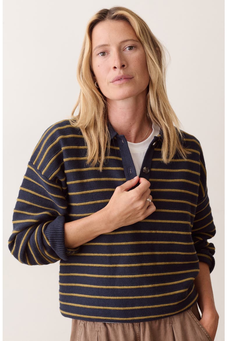 Mid Guage Cotton Rugby Polo Sweater, Alternate, color, TWILIGHT AND GREEN STRIPE