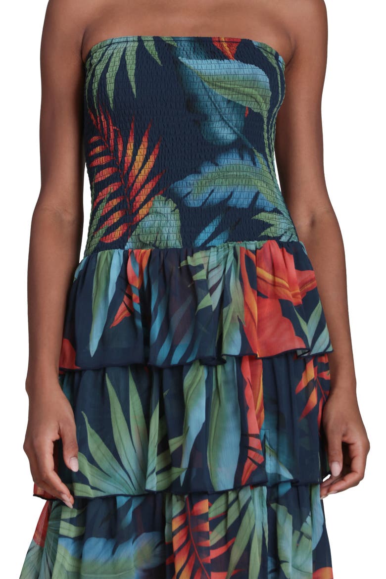 Mixed Print Strapless Tiered Maxi Dress, Alternate, color, NAVY BIRDS OF PARADISE