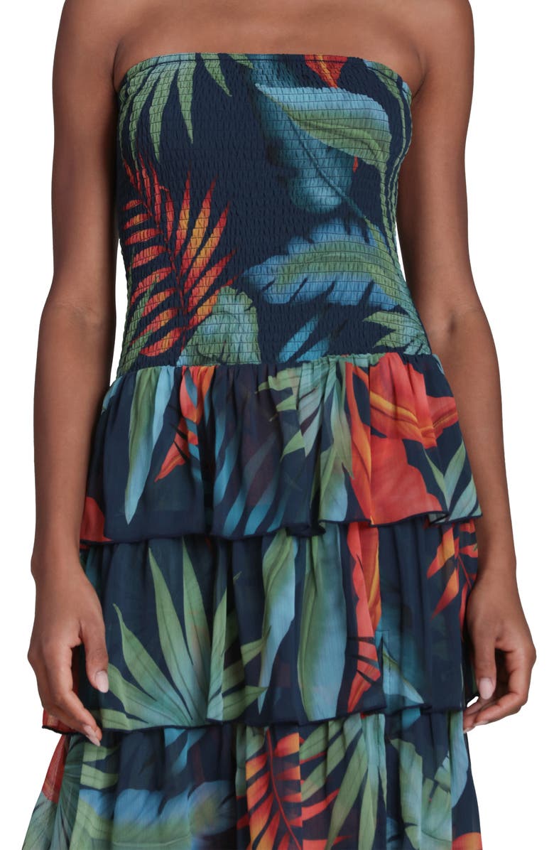 Avec Les Filles Mixed Print Strapless Tiered Maxi Dress, Alternate, color, Navy Birds Of Paradise