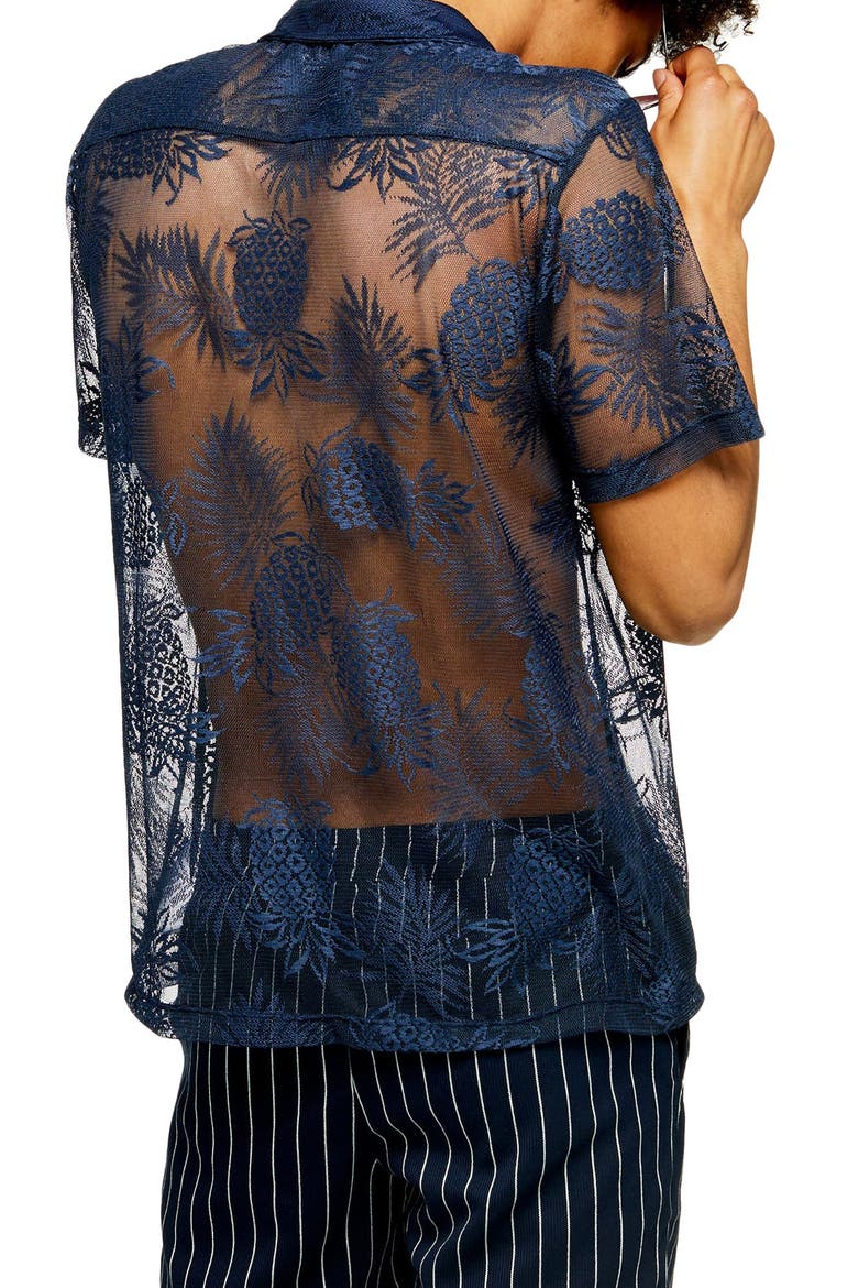 Palms Mesh Short Sleeve Button-Up Camp Shirt, Alternate, color, NAVY BLUE