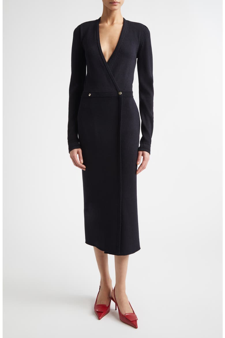 Legacy Wool Blend Crepe Faux Wrap Sweater Dress, Main, color, BLACK