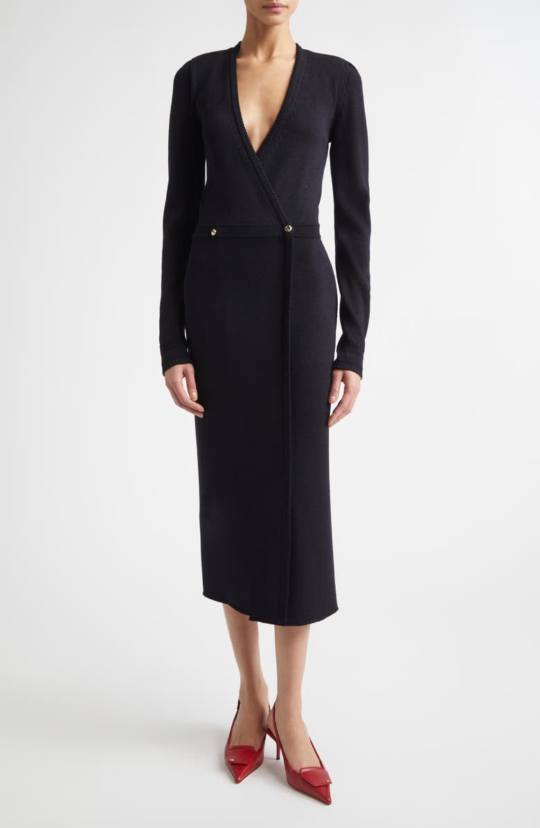 ST. JOHN Legacy Wool Blend Crepe Faux Wrap Sweater Dress, Main, color, Black