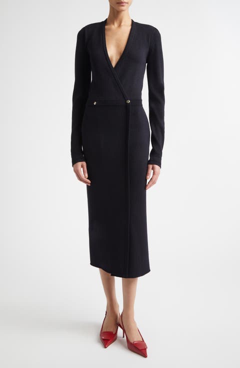 Legacy Wool Blend Crepe Faux Wrap Sweater Dress