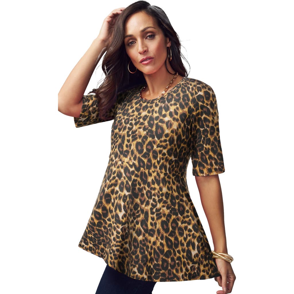 Jessica London Stretch Cotton Peplum Tunic In Animal Print