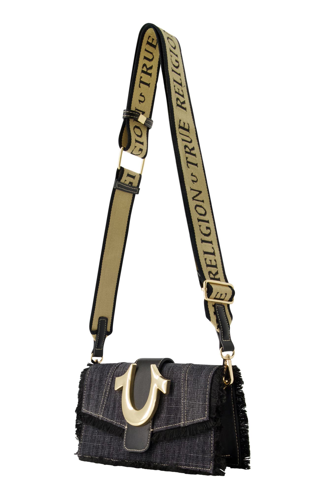 True Religion Frayed Denim Flap Crossbody Bag, Alternate, color, Black