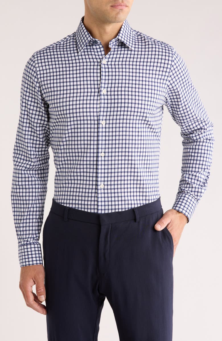 Duchamp Tailored Fit Check Stretch Cotton Dress Shirt, Alternate, color, Dark Blue