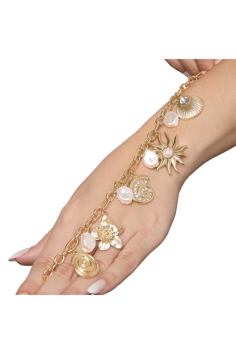 Gold-Tone Celestial Charm Bracelet with Imitation Pearls, Adjustable, Alternate, color, Gold