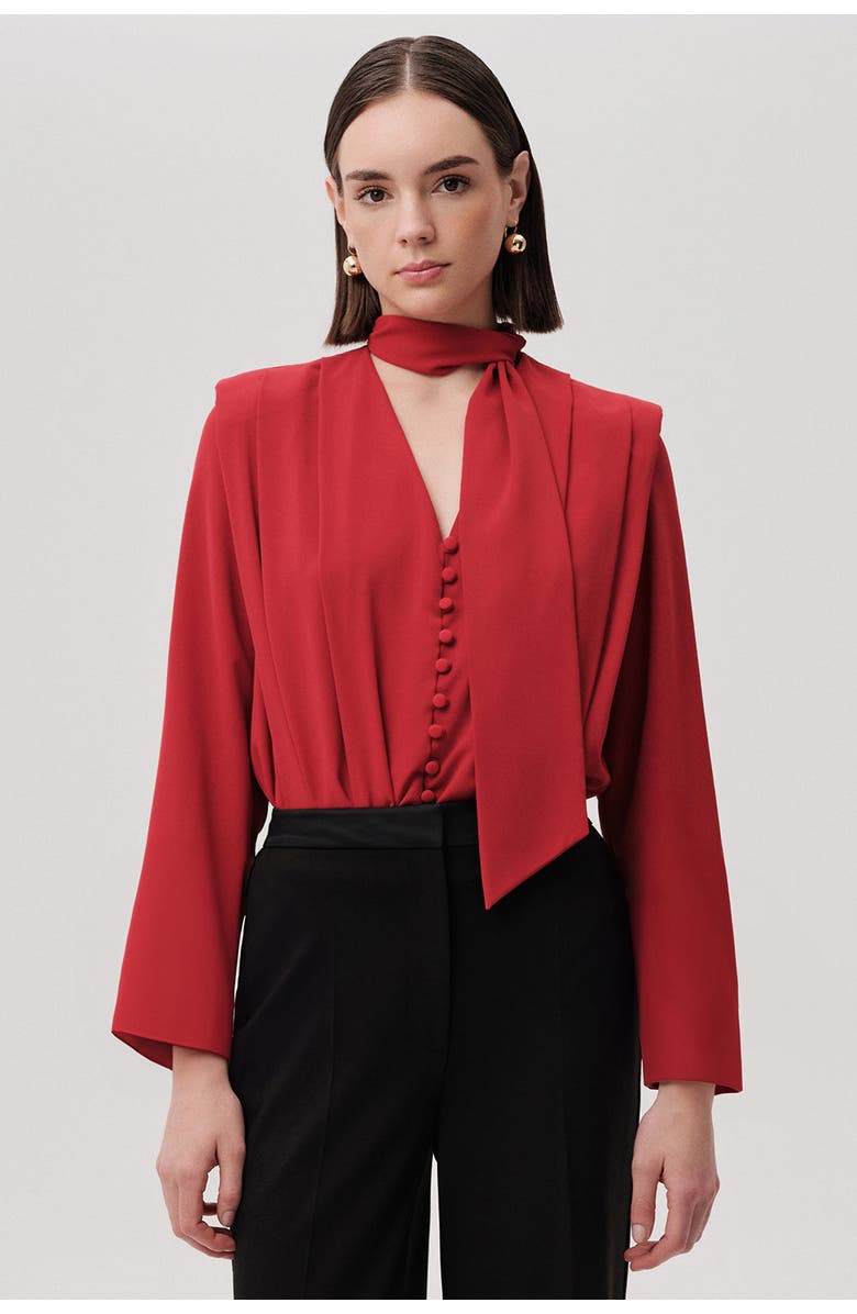 Exquise Draped Long Sleeve Bodysuit, Main, color, Red
