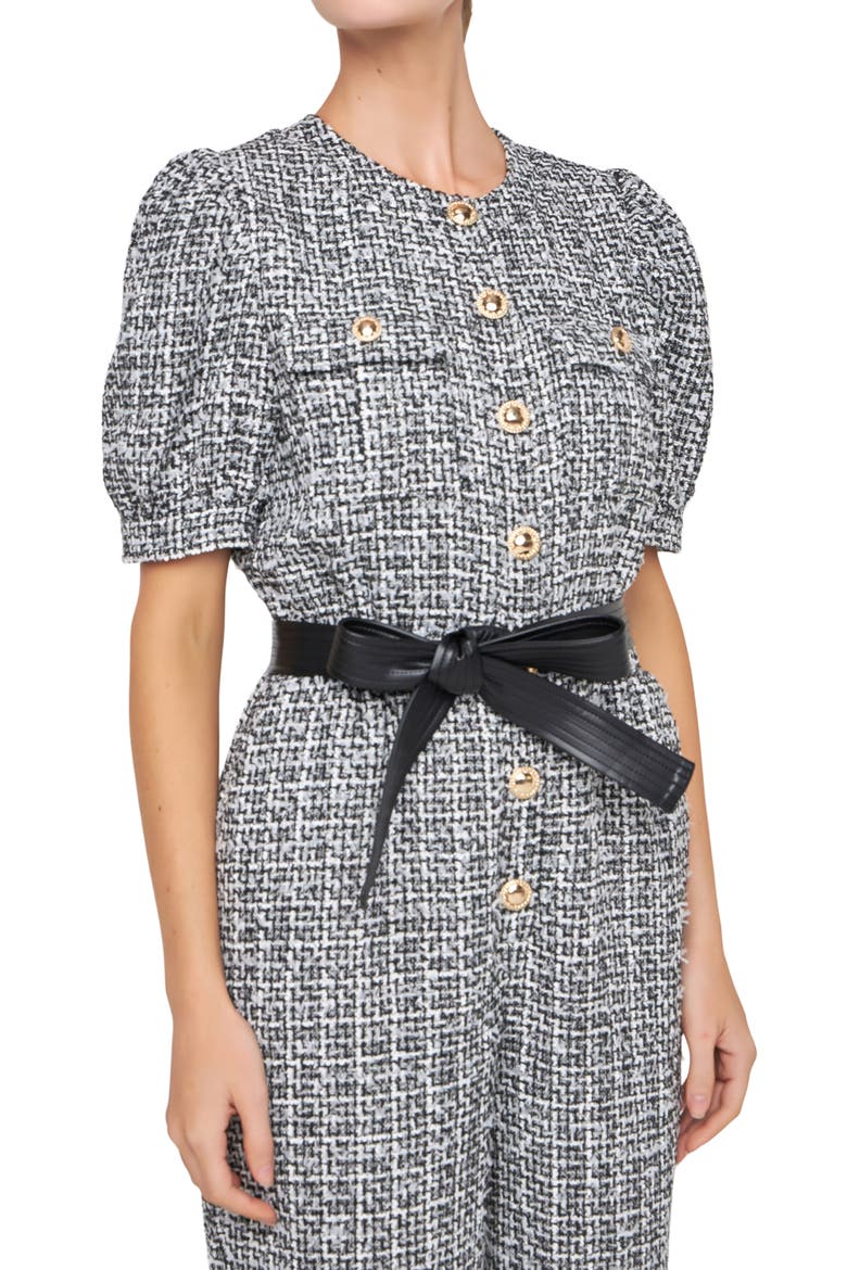 Tweed Puff Sleeve Ankle Jumpsuit, Alternate, color, BLACK/ WHITE