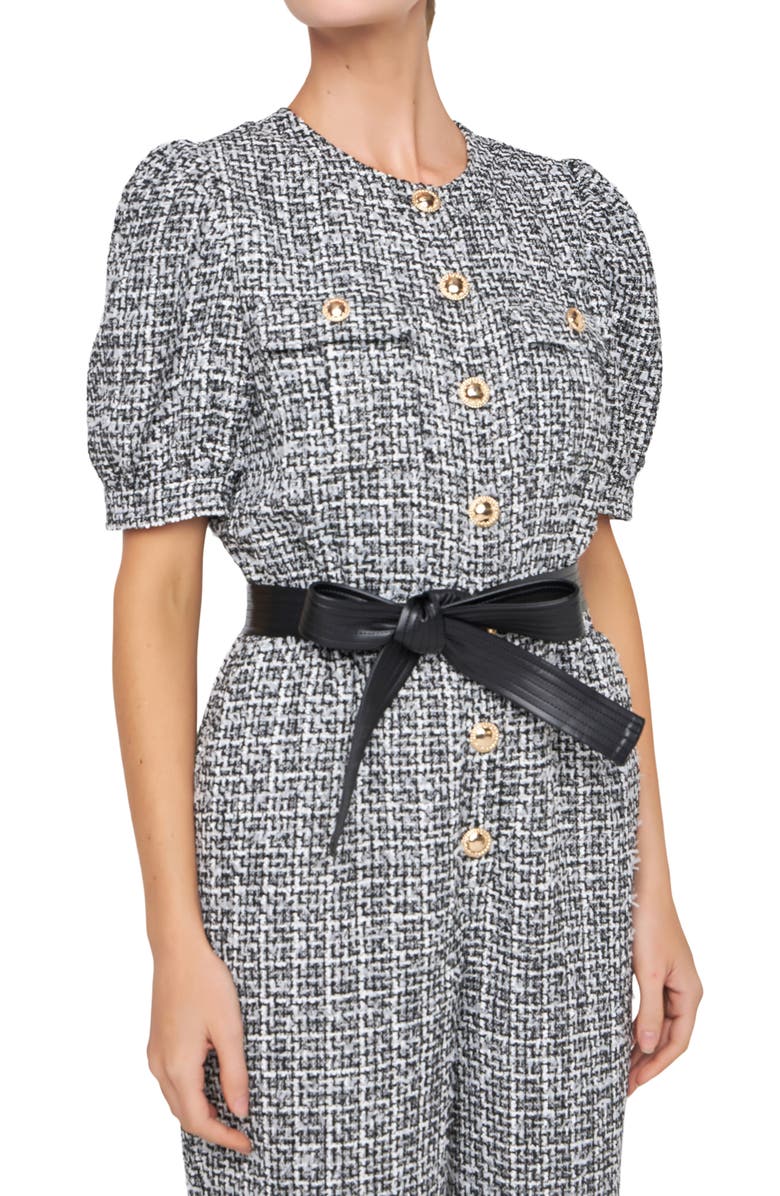 English Factory Tweed Puff Sleeve Ankle Jumpsuit, Alternate, color, Black/ White