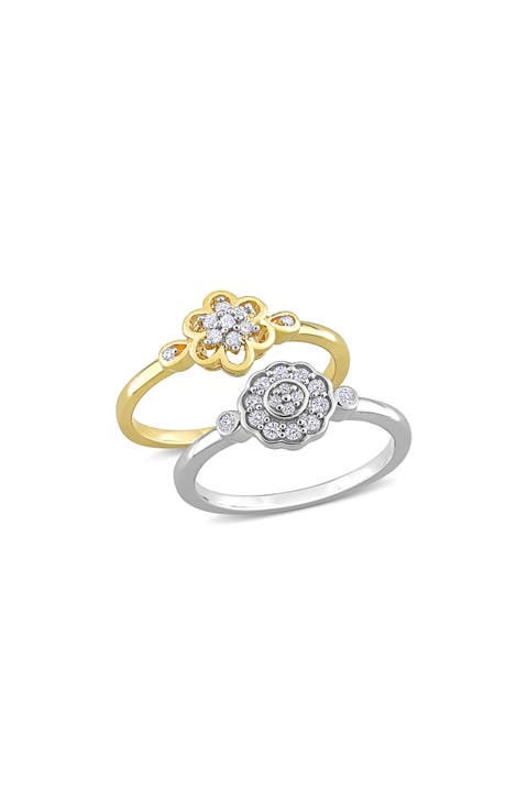 Set of 2 Sterling Silver Diamond Flower Rings - 0.14ct.