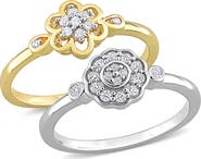 DELMAR Set of 2 Sterling Silver Diamond Flower Rings - 0.14ct.