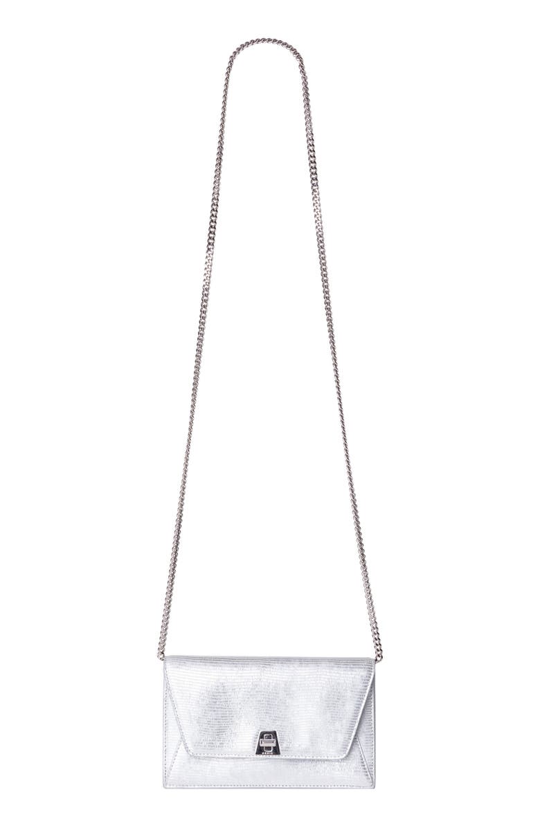 Akris Anouk Lizard Embossed Leather Envelope Wallet on a Chain, Alternate, color, Silver Metallic