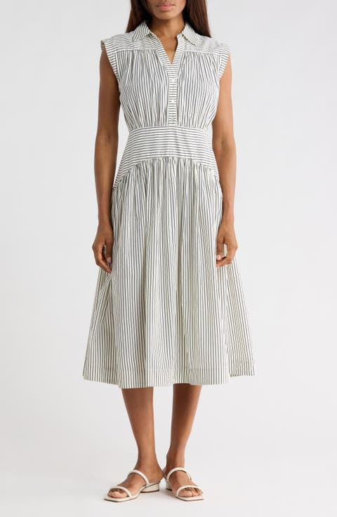 Sleeveless Cotton Poplin Fit & Flare Shirtdress