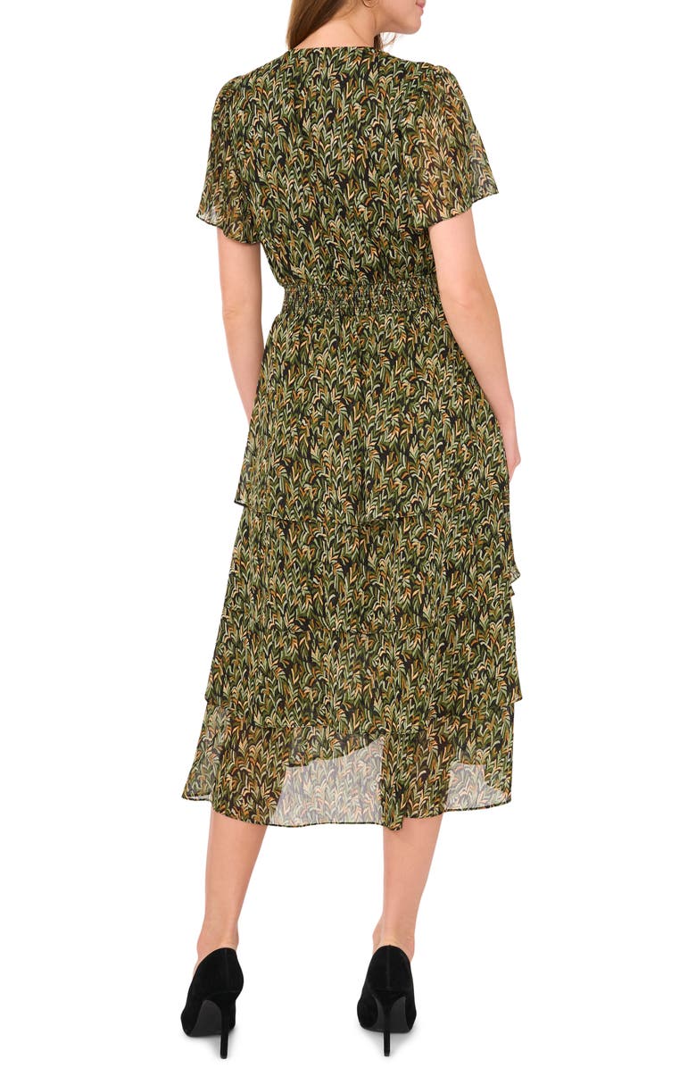 Vince Camuto V-Print Georgette Tiered Dress, Alternate, color, Rich Black/ Green