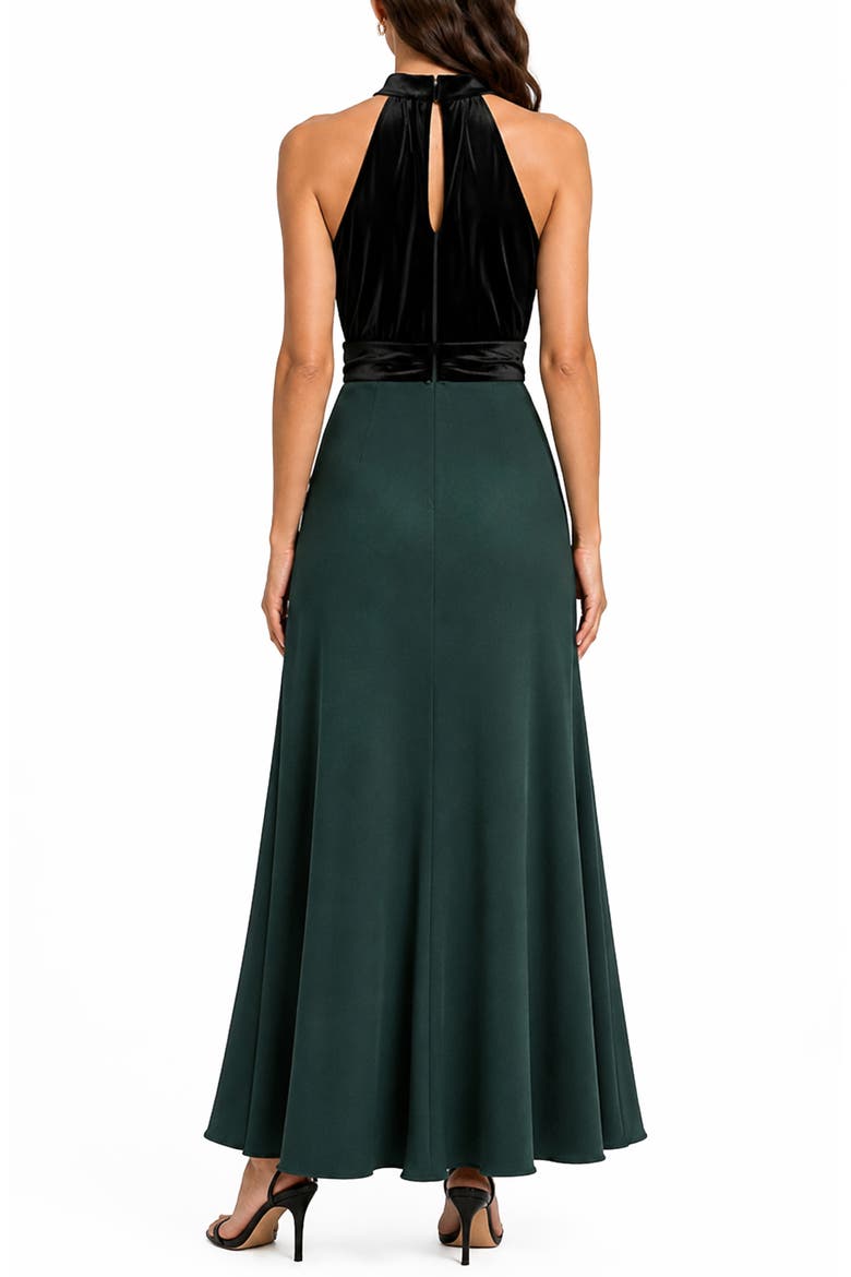 Cleo Mixed Media Halter Gown, Alternate, color, BLACK/ PONDEROSA PINE
