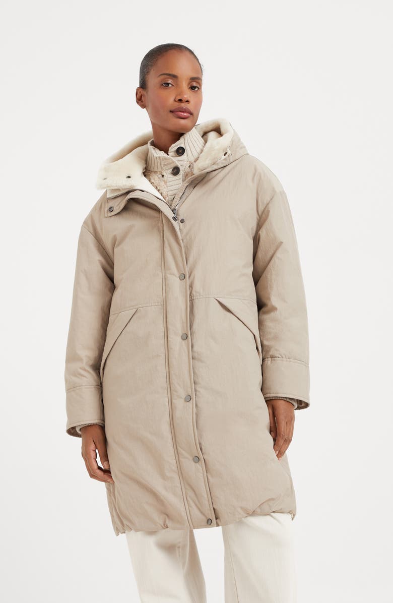 Brunello Cucinelli Water-resistant techno cotton down parka with detachable shearling insert, Alternate, color,
