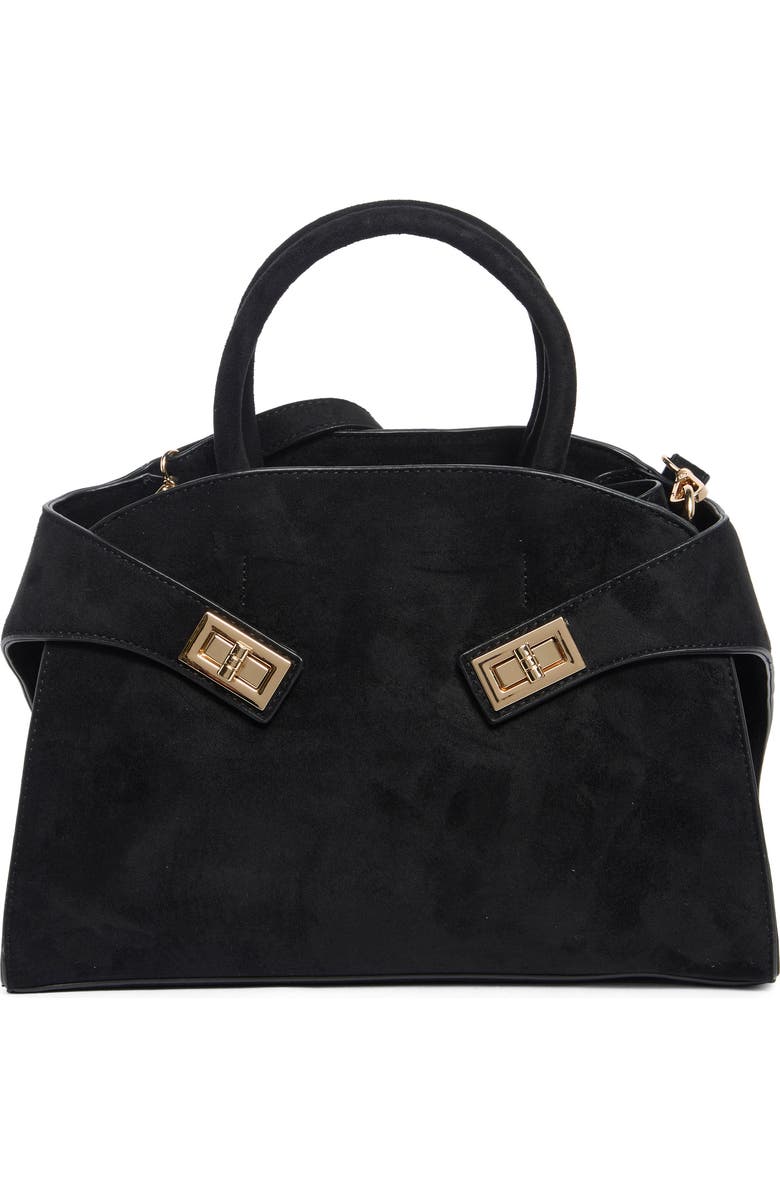 URBAN EXPRESSIONS HANDBAGS Faux Suede Double Buckle Satchel, Main, color, Black