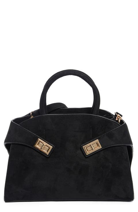 Faux Suede Double Buckle Satchel