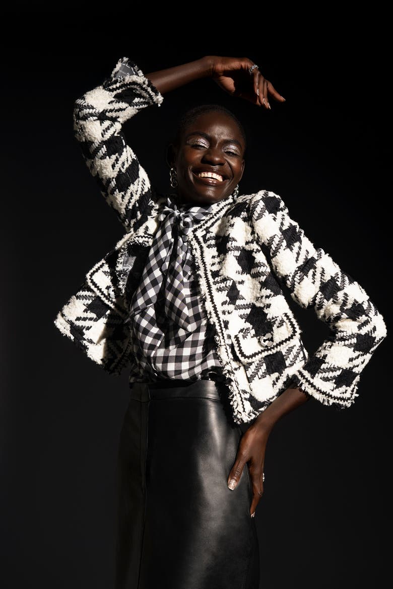 Little Short Plaid Jacket, Alternate, color, Black / White
