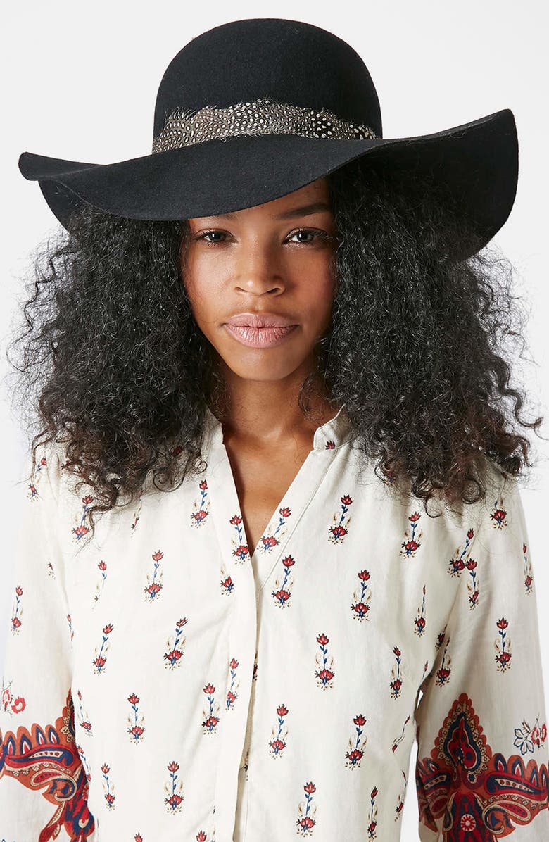 Topshop Feather Band Floppy Hat, Alternate, color, 
