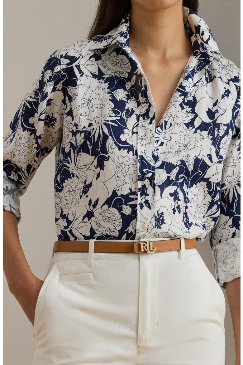 Karrie Floral Linen Button-Up Shirt, Alternate, color, WHITE/ NAVY BLUE