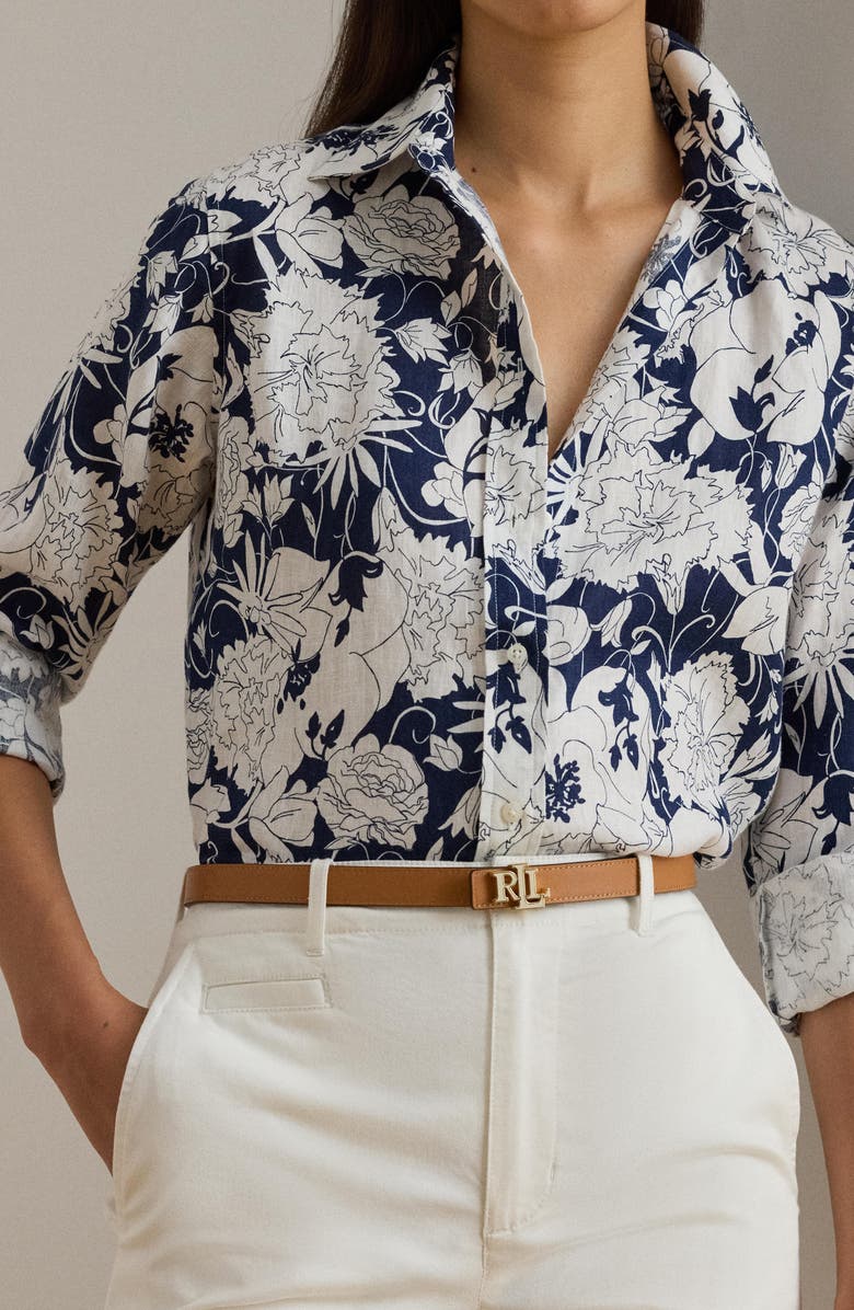 Lauren Ralph Lauren Karrie Floral Linen Button-Up Shirt, Alternate, color, White/ Navy Blue
