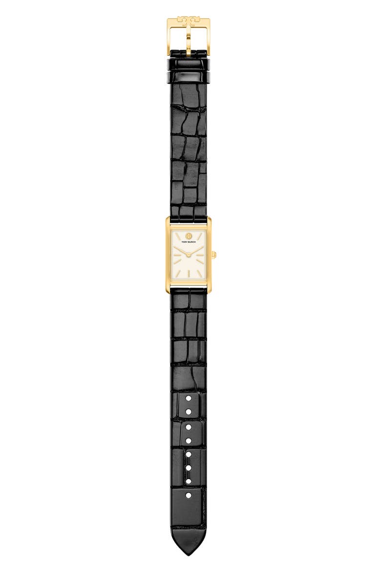 The Eleanor Slim Tank Leather Strap Watch, 20mm x 34mm, Alternate, color, BLACK