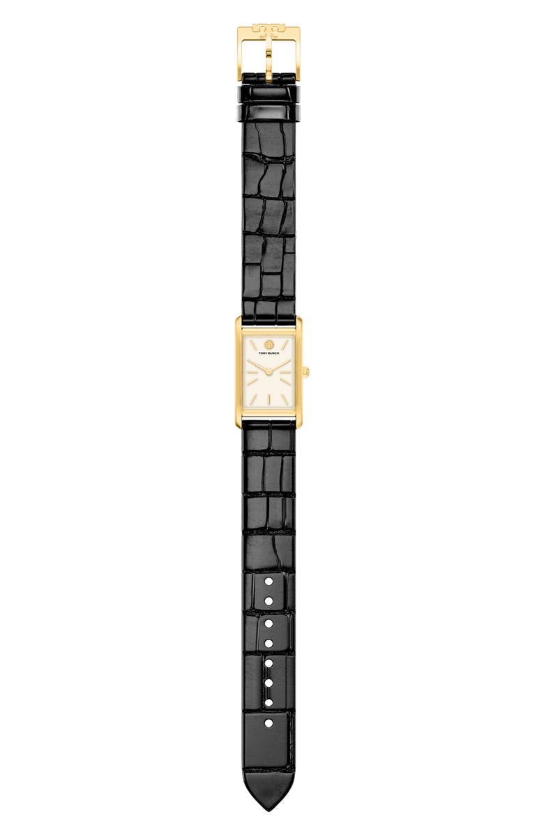 Tory Burch The Eleanor Slim Tank Leather Strap Watch, 20mm x 34mm, Alternate, color, Black/ Gold