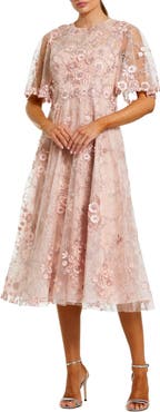Mac Duggal Petite Flutter Sleeve Floral Emboridered Midi Dress