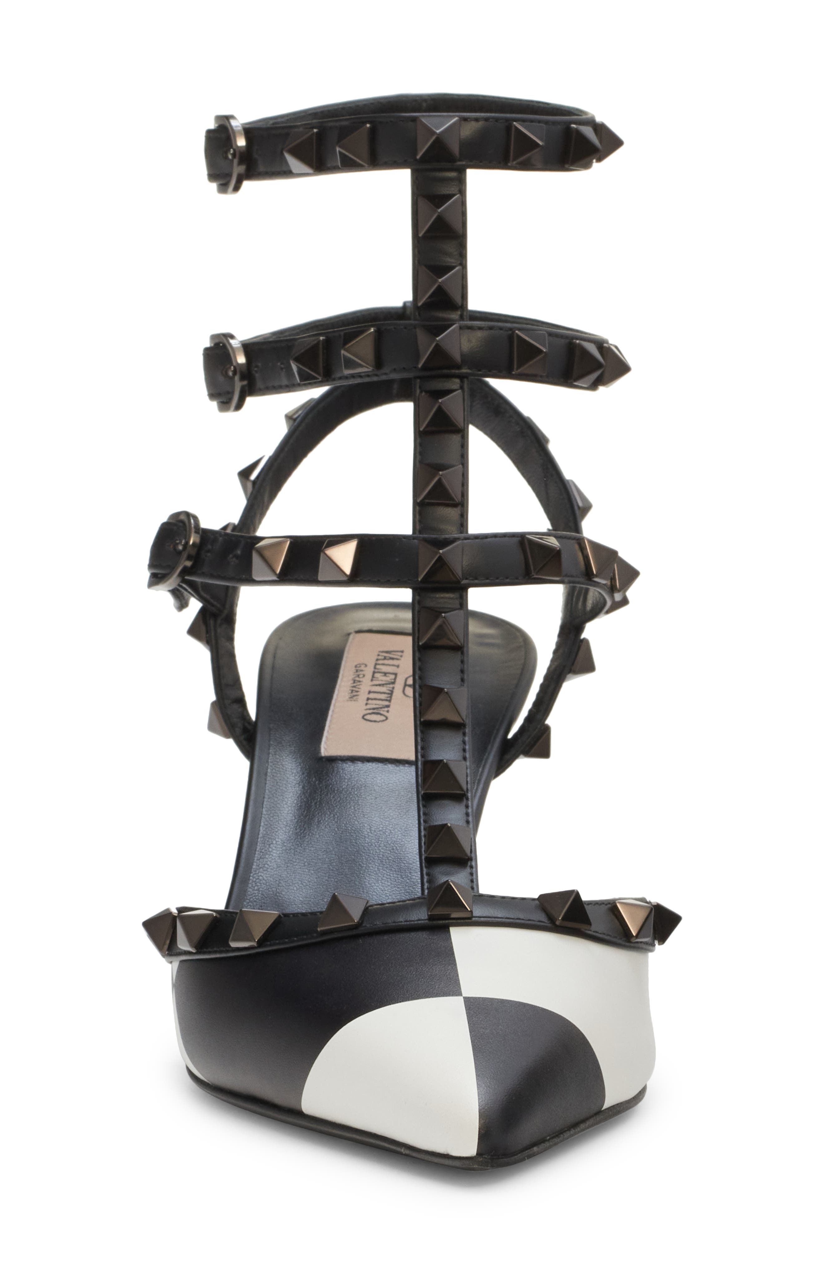 Valentino Garavani Rockstud Pointed Toe T-Strap Pump, Alternate, color, A01 Bianco/ Nero