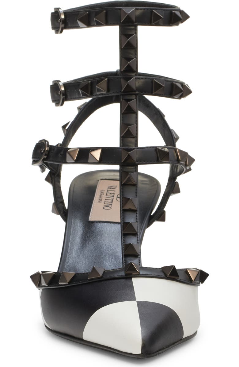 Valentino Garavani Rockstud Pointed Toe T-Strap Pump, Alternate, color, A01 Bianco/ Nero