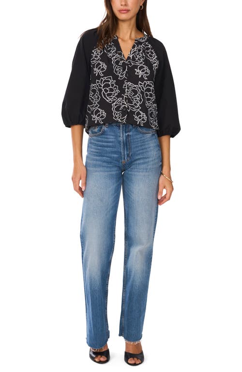 Shop Vince Camuto Embroidered Floral Button-up Shirt In Rich Black