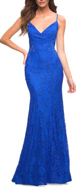 La Femme Lace Gown with Sheer Lace Applique Side Panels