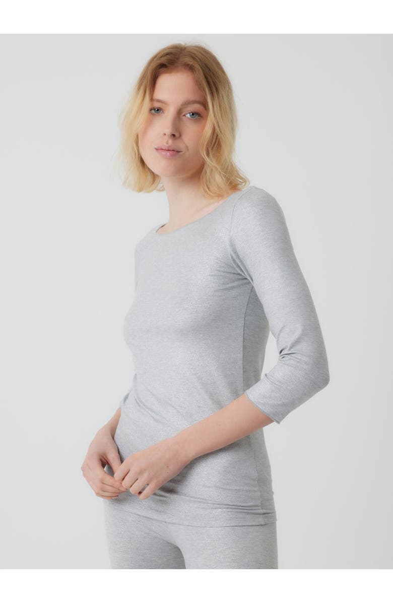 Majestic Filatures Metallic 3/4 Sleeve Boatneck Top with Merrow Edge, Main, color, Metal Grey