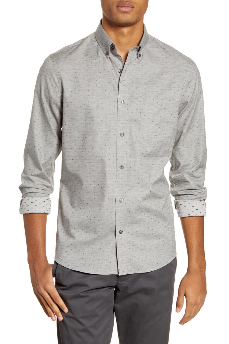 Trim Fit Button-Down Shirt, Main, color, GREY HEATHER NAVY DOBBY