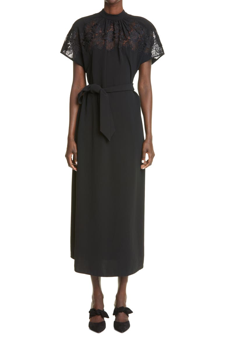 Lace Yoke Blouson Midi Dress, Main, color, BLACK