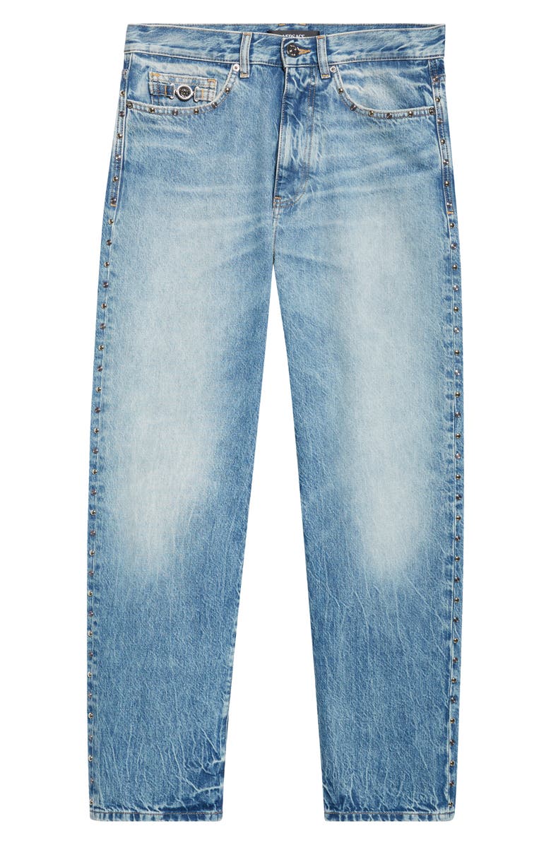 Versace Studded Straight Leg Jeans, Main, color, Light Blue