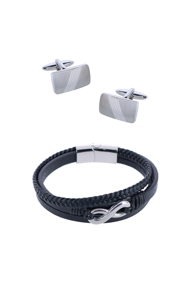 Diagonal Rhodium Cufflinks & Infinity Triple Band Leather Bracelet, Main, color, Silver