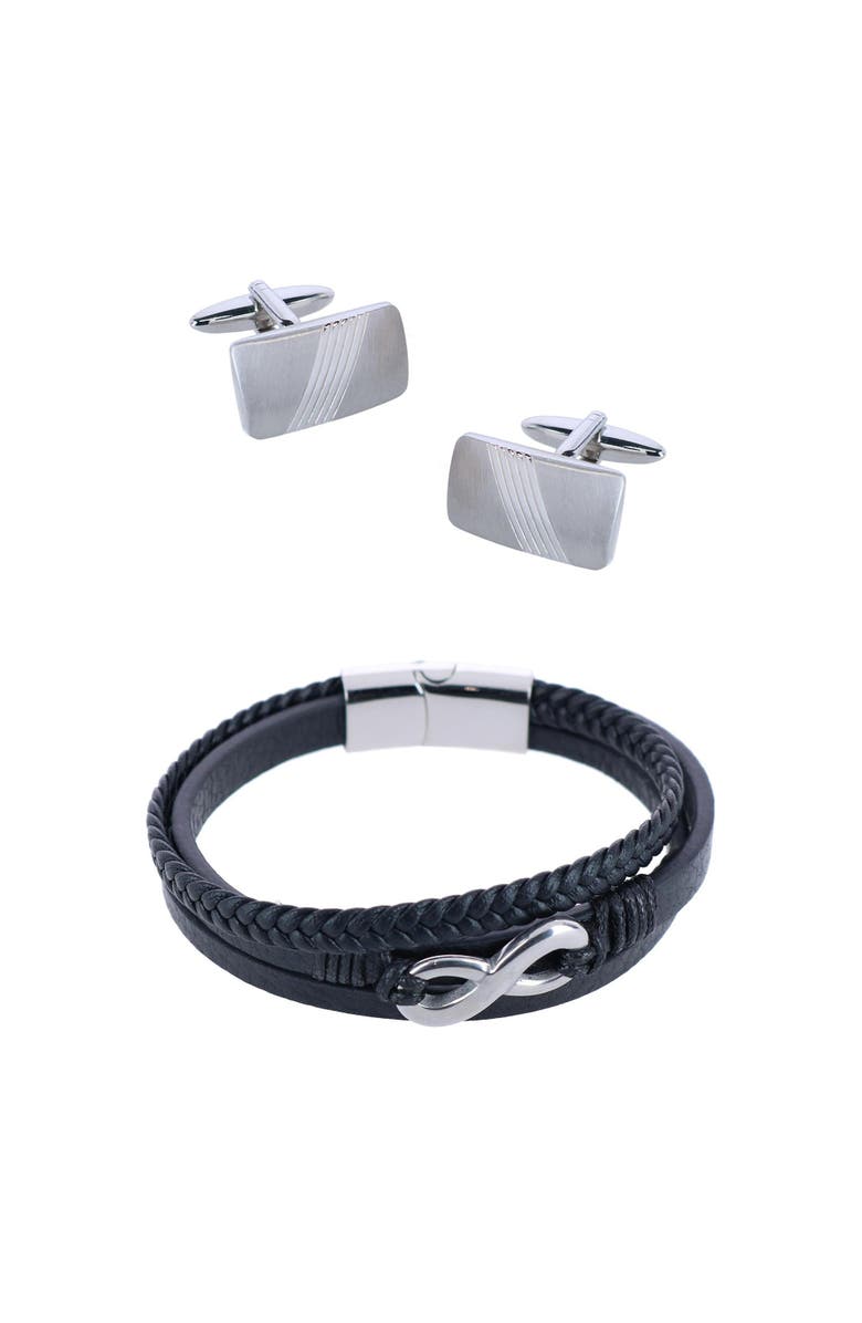 Trafalgar Diagonal Rhodium Cufflinks & Infinity Triple Band Leather Bracelet, Main, color, Silver