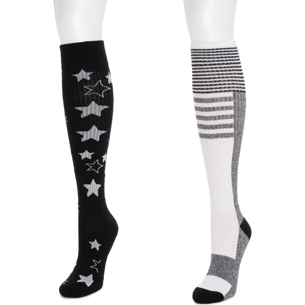 Muk Luks Cotton Compression Knee-high Socks 2 Pair Pack Wide Size In Black