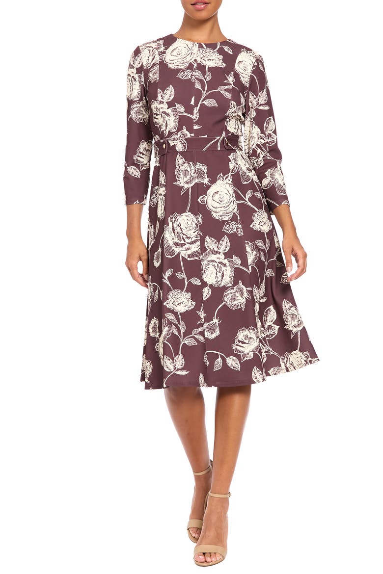 Floral Print Midi Dress, Main, color, CHOCO/ IVRY
