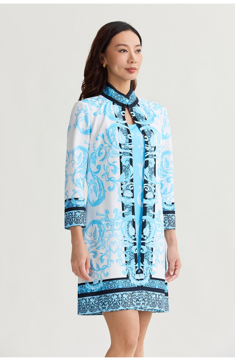 Ming Wang Heritage Lined Printed Stretch Deco Crepe Jacket, Alternate, color, Serene/White/Black