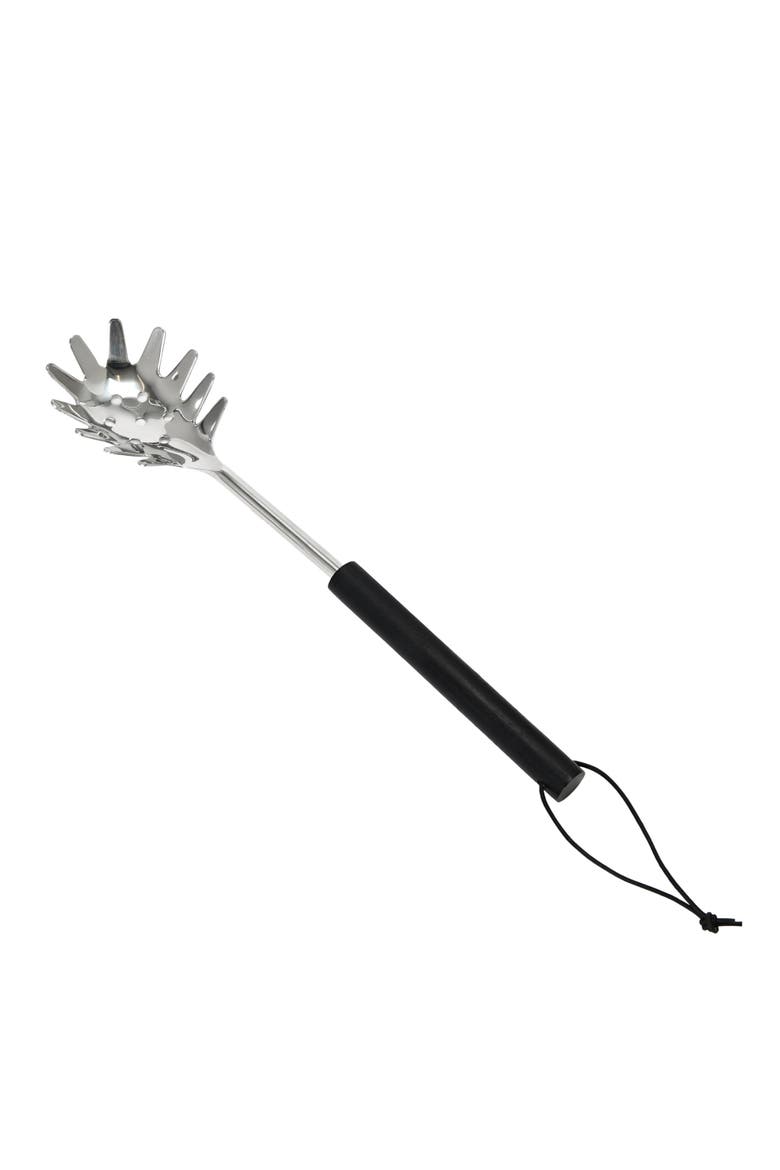 Stainless Steel Slotted Pasta Server with Mango Wood Handle and Leather Tie, Black, Main, color, Black